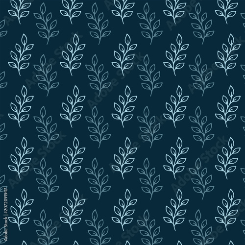 Seamless hand drawn leaf pattern on dark blue background. Abstract floral motif pattern.