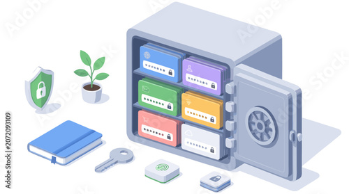 Clean flat vector illustration of a secure password vault with login cards, key, shield, and fingerprint on a light background for cybersecurity app or website design.