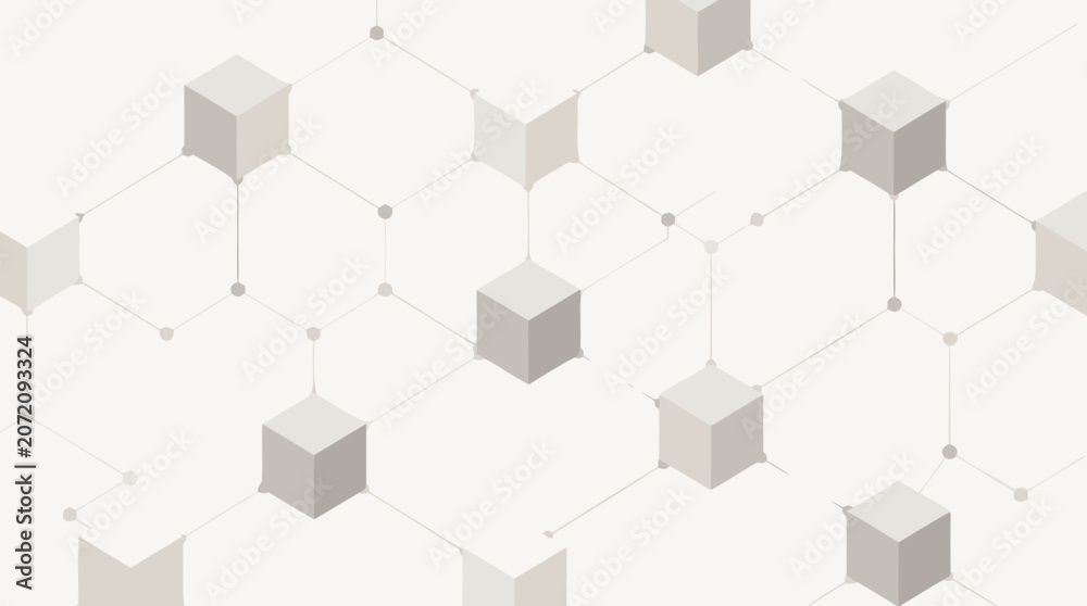 Fototapeta premium Clean flat vector illustration of connected isometric cubes and network nodes on a light background, ideal for blockchain, data infrastructure, or technology banner design.