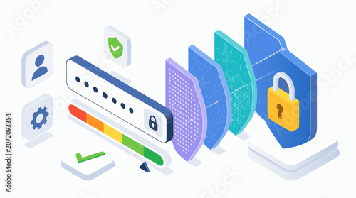 Clean flat vector illustration of password security, firewall shields, and lock authentication on a light background for cybersecurity app or login protection marketing.