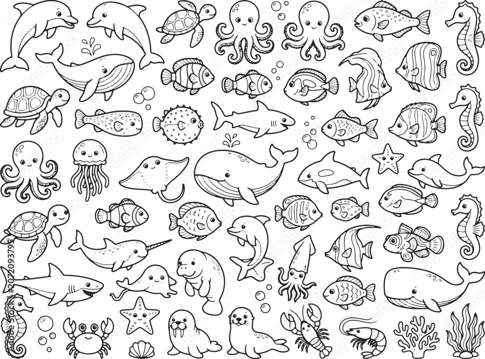 Fototapeta premium Marine life illustration with various sea creatures and coral, black and white