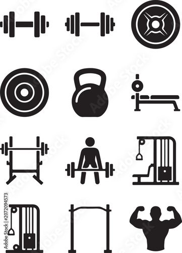 Set of black fitness and gym workout equipment icons featuring barbells dumbbells and weightlifting
