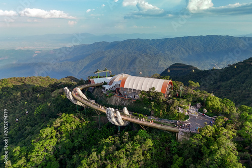 Stunning ba na hills in Da nang Vietnam at sunset with golden bridge.