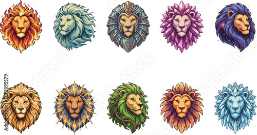 Set of ten artistic lion portraits with fantasy elements like fire lightning ice and crystals on transparent background.