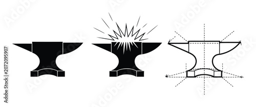 фотографія Three stylized of a blacksmith anvil showing silhouette, impact, and technical c