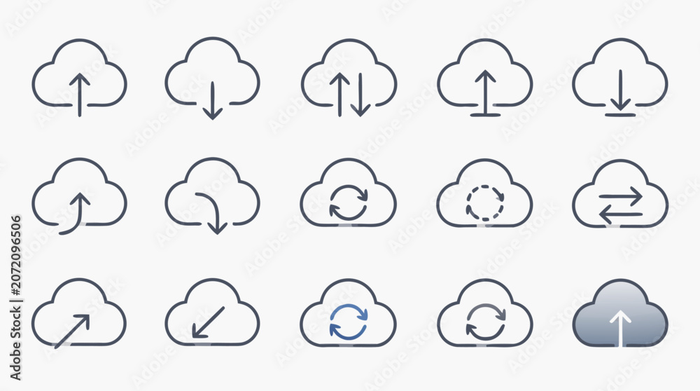 Obraz premium Clean flat vector illustration on a light background showing cloud upload, download and sync icons for web hosting, app interface, backup or data storage services.