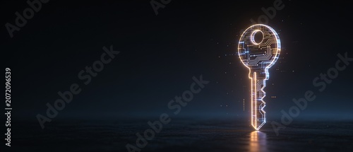 Digital key made of circuits floating above a dark landscape representing cybersecurity or digital access