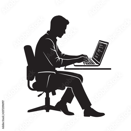Silhouette of a Man Coding: A focused man sits at a desk, silhouetted against a bright background, intensely typing on a laptop, suggesting concentration and digital work.