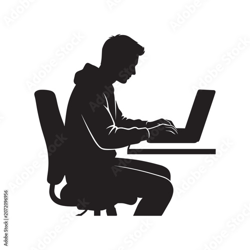 Silhouette of a Coder: A young person, silhouetted in black, diligently works on a laptop while seated at a desk in an office chair, demonstrating focus and concentration.