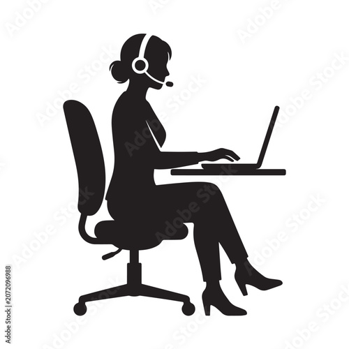 Customer Service Operator Silhouette: A silhouette of a person wearing a headset and microphone, seated at a desk and typing on a laptop, representing customer service, support, or telecommunication.