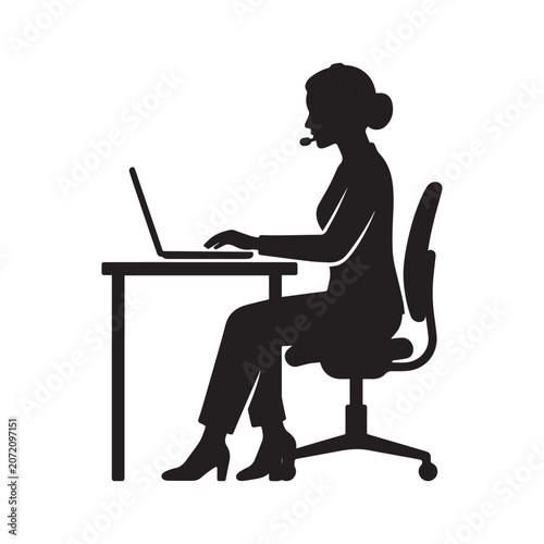 Woman working at computer. Woman silhouette with headset working at a desk with a laptop computer.