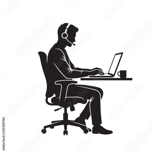 Silhouette of a man wearing a headset, working on a laptop at a desk, with a coffee cup.