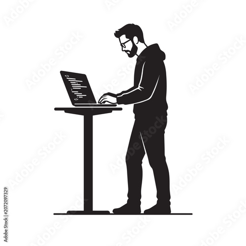 Programmer at Work: A silhouetted programmer, wearing glasses and a hoodie, stands at a standing desk, intensely focused on the code displayed on his laptop screen.
