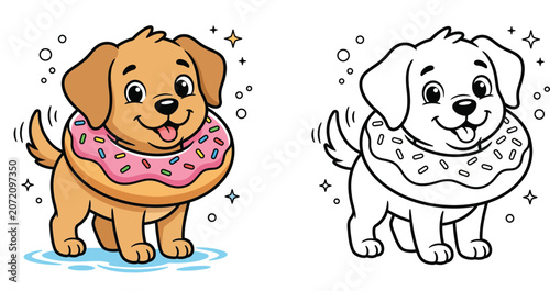 Photography Cute Cartoon Puppy Wearing a Pink Glazed Donut Around Neck Illustration with Col