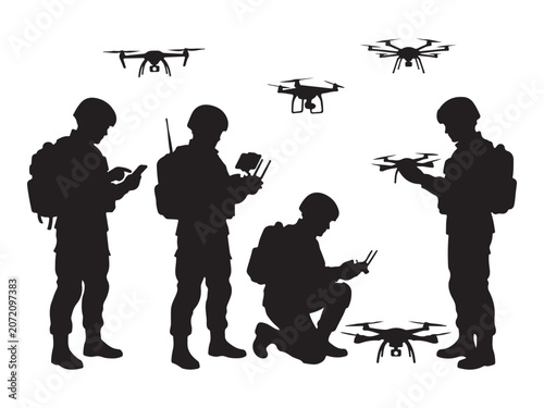 Military Soldiers Operating Drones Silhouette Vector Illustration