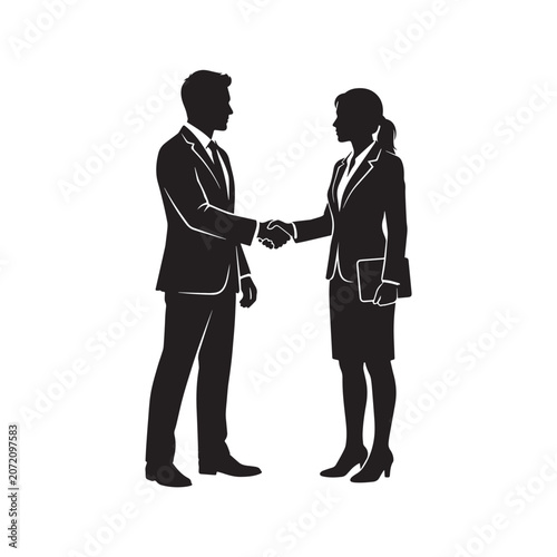 Business Handshake Silhouette: A professional male and female businessperson engage in a handshake, their silhouettes stark against a clean background, symbolizing agreement and partnership.