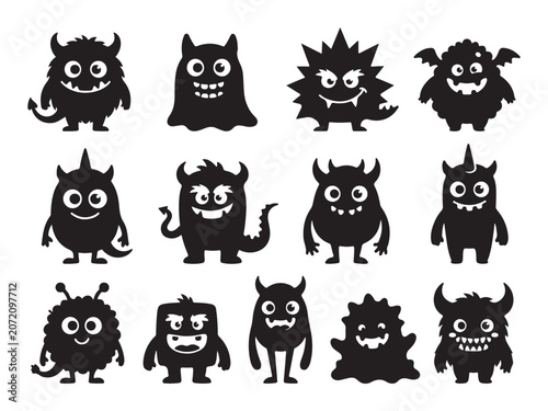 Set of Cute Cartoon Monster Silhouettes for Halloween and Kids Design