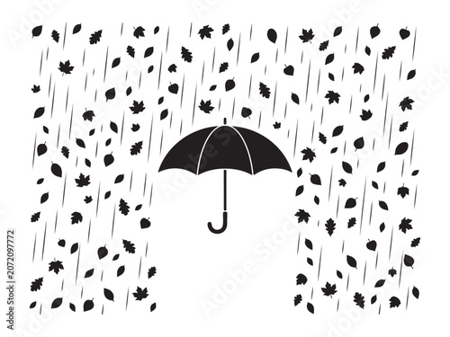 Stylized Black and White Illustration of an Umbrella in a Storm of Falling Leaves