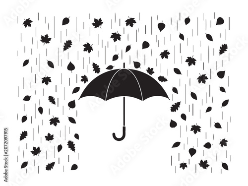 Minimalist Vector Graphic of an Umbrella Sheltering from a Rain of Autumn Leaves