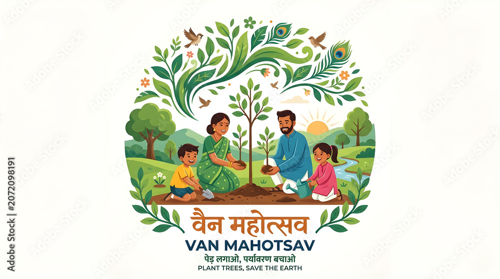 Fototapeta premium Indian Family Planting Trees for Van Mahotsav Festival Vector Illustration