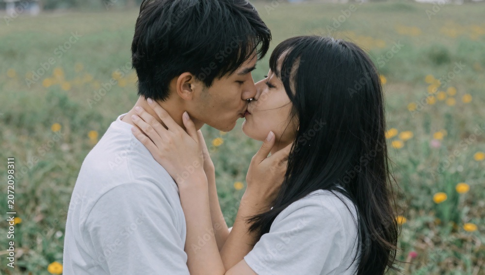 Fototapeta premium Affectionate couple shares a tender kiss in a field of wildflowers