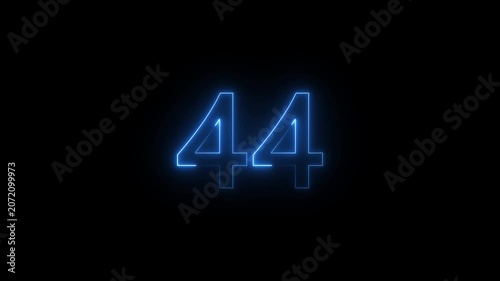 Abstract glowing Neon 44 number educational mathematics text icon animation on black background. a dynamic motion and glowing neon number countdown icon animation.