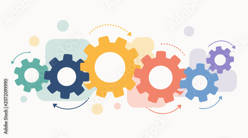 Clean flat vector illustration of colorful interlocking gears with arrows on a light background, ideal for business workflow, automation, teamwork, and process optimization materials.