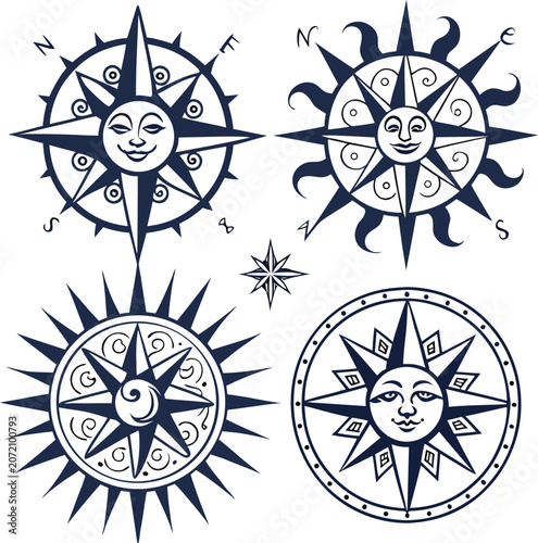 Photos Compass rose sun faces mystical decorative elements vintage antique stylized nautical symbols