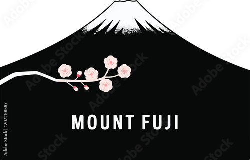 Minimalist Mount Fuji volcano mountain silhouette with pink cherry blossom branch