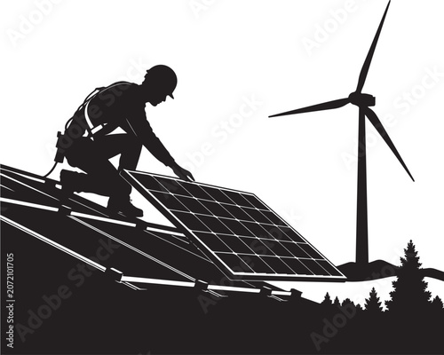 Technician silhouette installing solar panels on a residential roof with a wind turbine in the background.