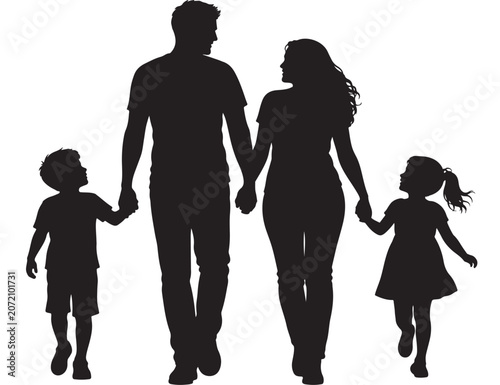 Family silhouette showing parents holding hands with their two children while walking together happily.