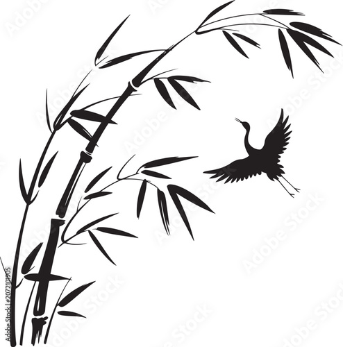 Traditional Asian style vector illustration of flying crane bird with bamboo stalks and leaves