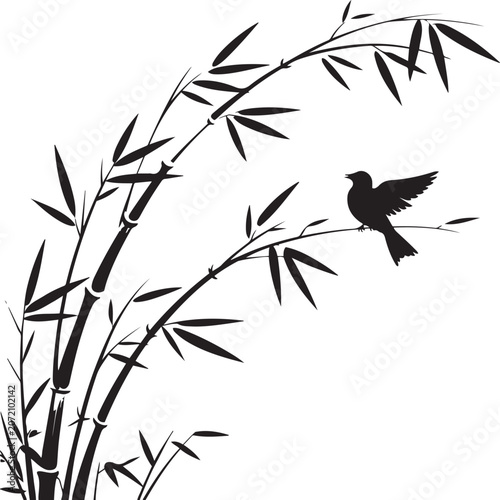 Traditional Asian style vector illustration of flying crane bird with bamboo stalks and leaves