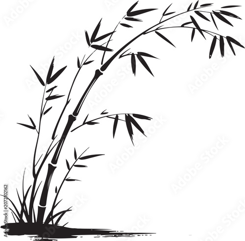 Traditional Asian style ink wash bamboo illustration with detailed stalks and blowing leaves