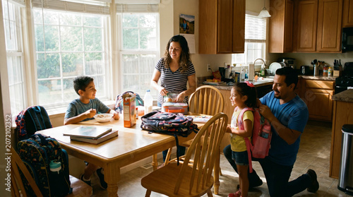 Family preparing children for school in a bright kitchen. Back to school morning routine with lunch box, backpack and school supplies.