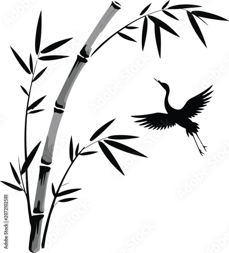 Traditional Asian style vector illustration of flying crane bird with bamboo stalks and leaves