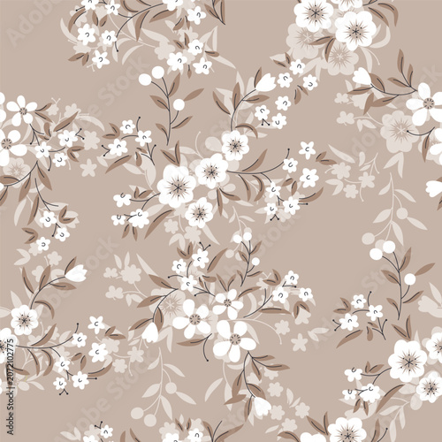 Trendy Floral pattern with many kind of flowers. Tropical botanical motifs scattered randomly. For fabric with drawn style on dark background