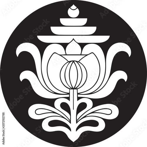 Traditional circular emblem with decorative stylized lotus flower motif and crown top