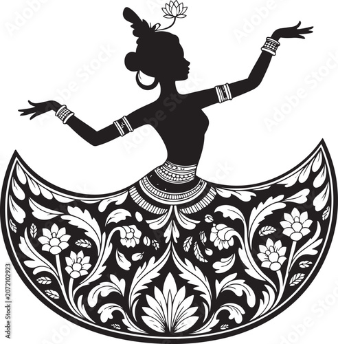 Traditional Indian classical dancer silhouette with ornate decorative floral skirt