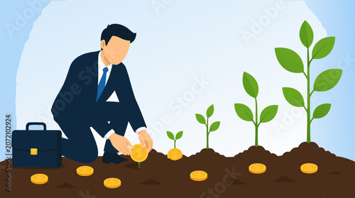 Clean flat vector illustration on a light background showing a businessman planting gold coins beside growing sprouts, ideal for finance, investment growth, savings, and startup success concepts.