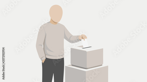 Clean flat vector illustration of a faceless voter placing a ballot in a box on a light background, ideal for election, democracy, civic duty, or campaign materials.