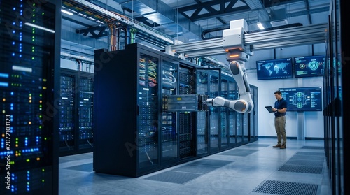Technician monitoring automated robotic arm in a modern data center