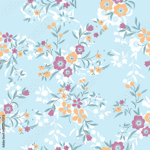 Trendy Floral pattern with many kind of flowers. Tropical botanical motifs scattered randomly. For fabric with drawn style on dark background