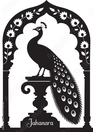 Traditional Mughal arch frame panel with ornate peacock silhouette on pillar