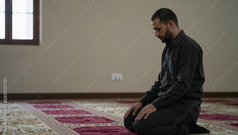 Fototapeta premium Man kneels in prayer on carpet inside of a mosque with natural light coming through window