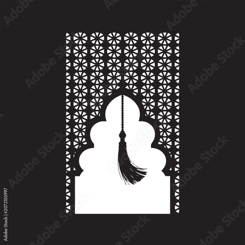Traditional ornate Islamic arched panel with geometric lattice pattern and hanging tassel silhouette