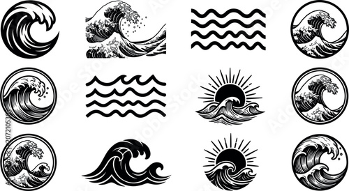 Photography Ocean Wave Silhouette Icon Collection with Japanese Great Wave Crests and Sunset