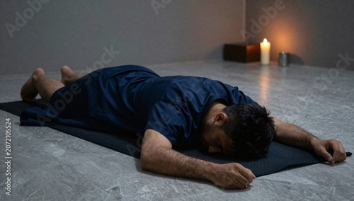 Man practices prone yoga pose on a mat in a dimly lit room with candles