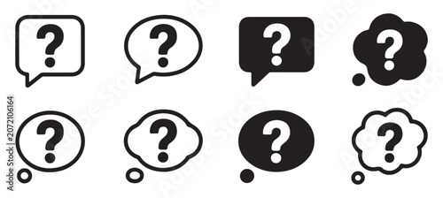 Set of question mark vector icons with various speech bubble and thought cloud design styles.