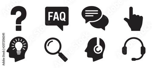 Set of faq support and help interface icons with magnifying glass lightbulb and headset symbols.